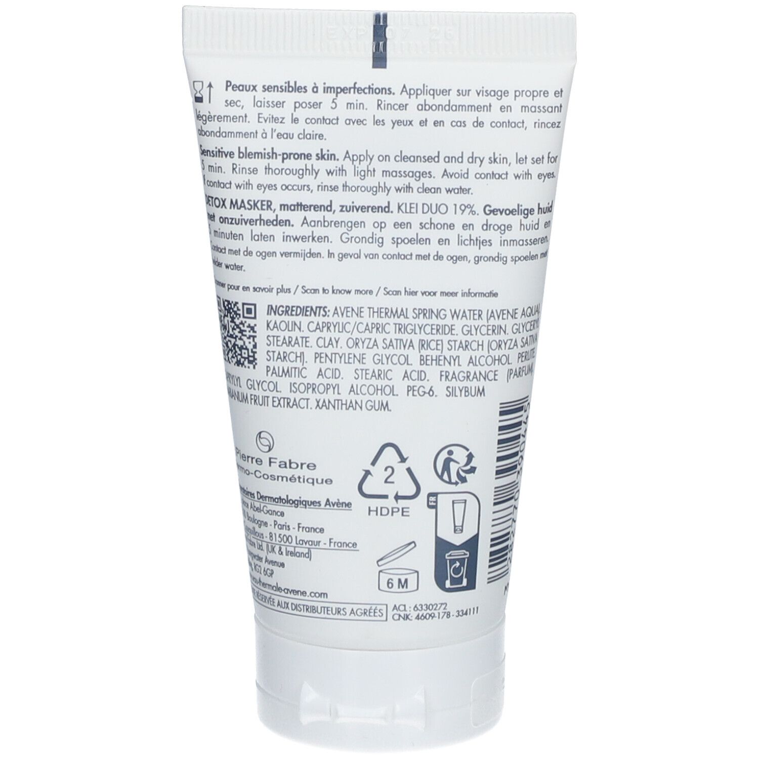 Rückseite der weißen AVENE Cleanance-Tube. Text: Inhaltsstoffe, Hinweise, Symbole für Recycling und Haltbarkeit.