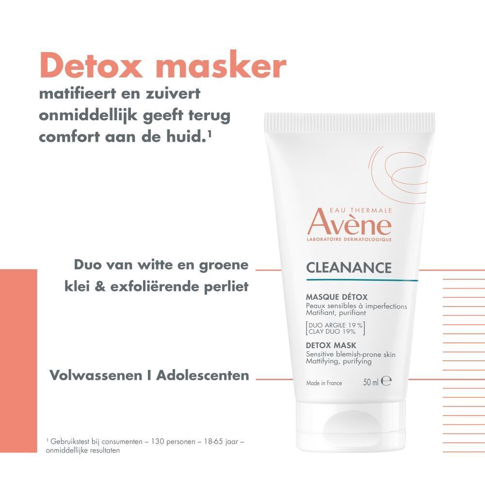 Reclamebeeld: AVENE Cleanance Mask. Tekst: Detox masker, Duo van witte en groene klei, Volwassenen I Adolescenten.