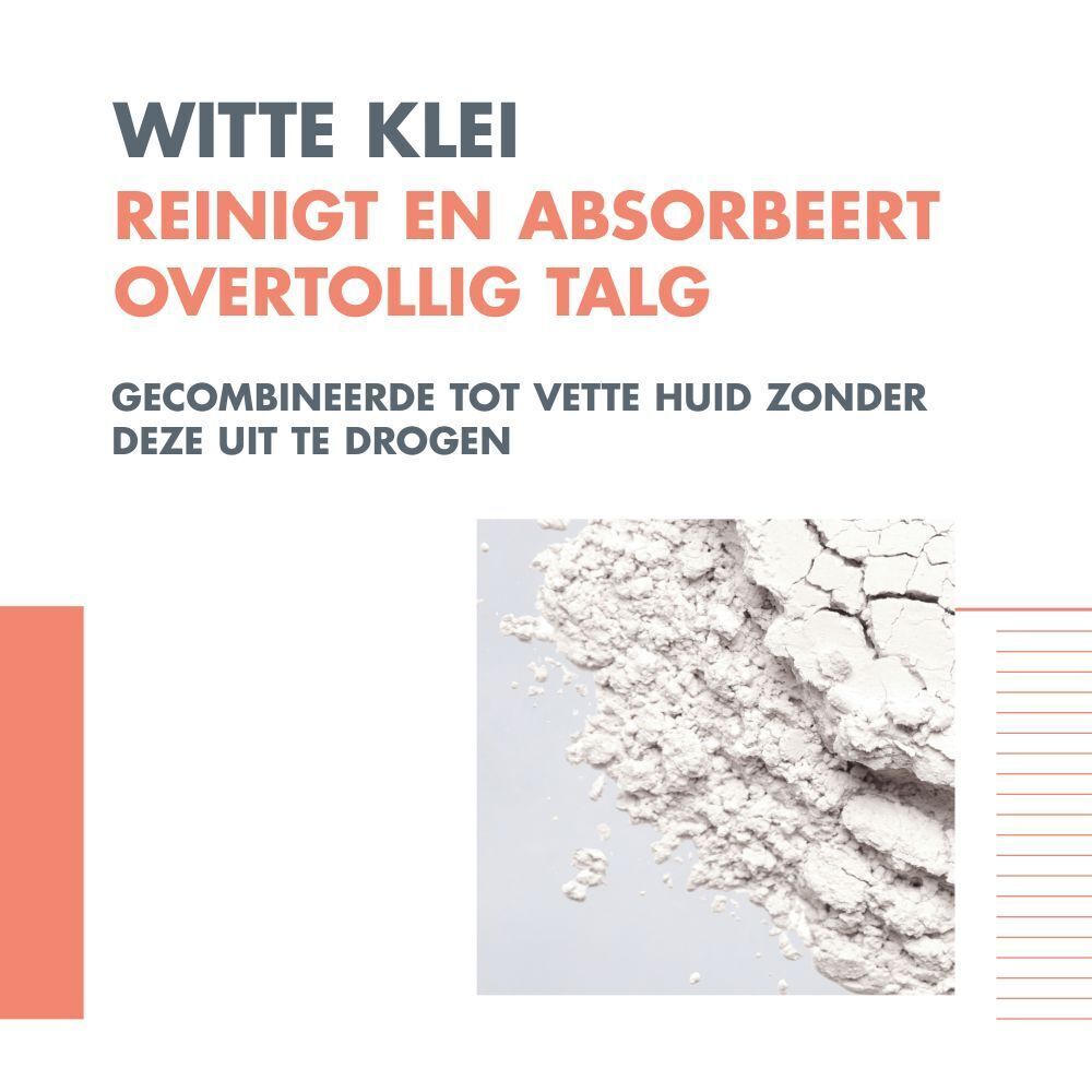 Close-up van witte klei. Tekst: Witte klei, reinigt en absorbeert overtollig talg.