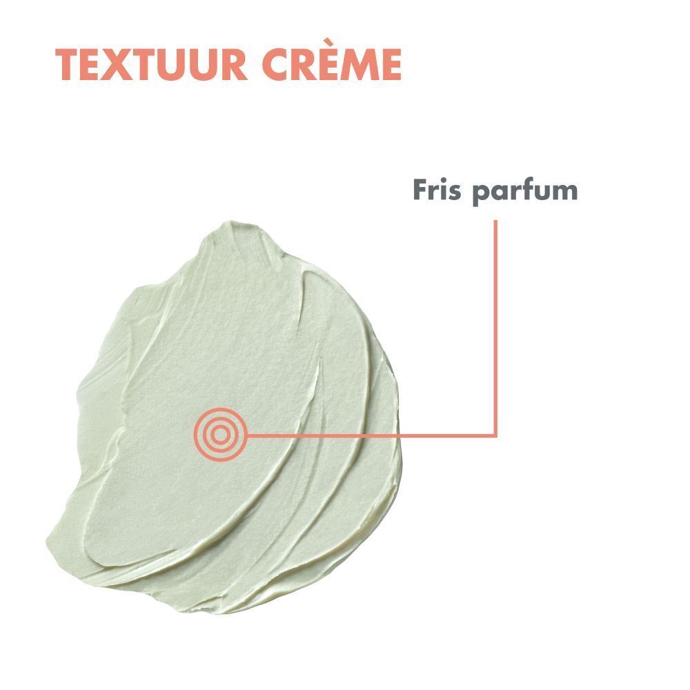 Close-up van de crème textuur. Tekst: Textuur crème, Fris parfum.