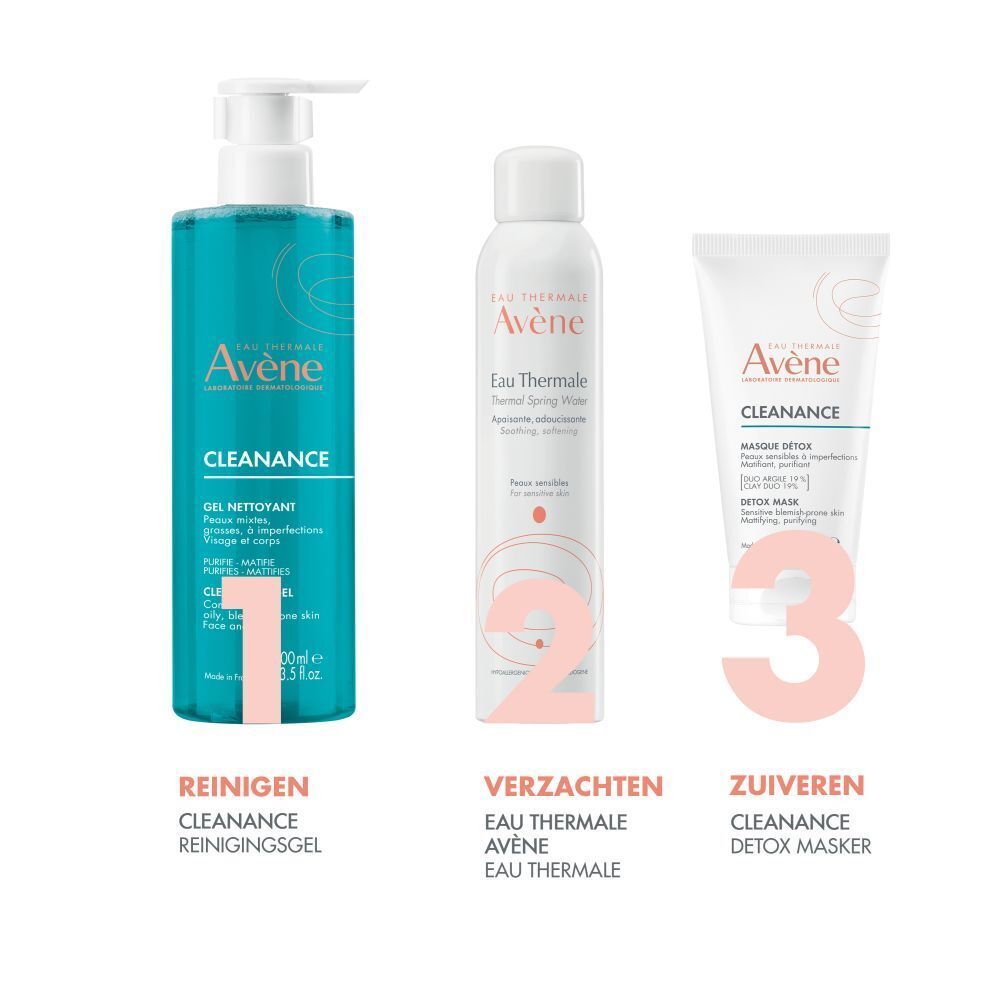 Drie AVENE producten: Cleanance Gel, Eau Thermale, Cleanance Mask. Tekst: Reinigen, Verzachten, Zuiveren.