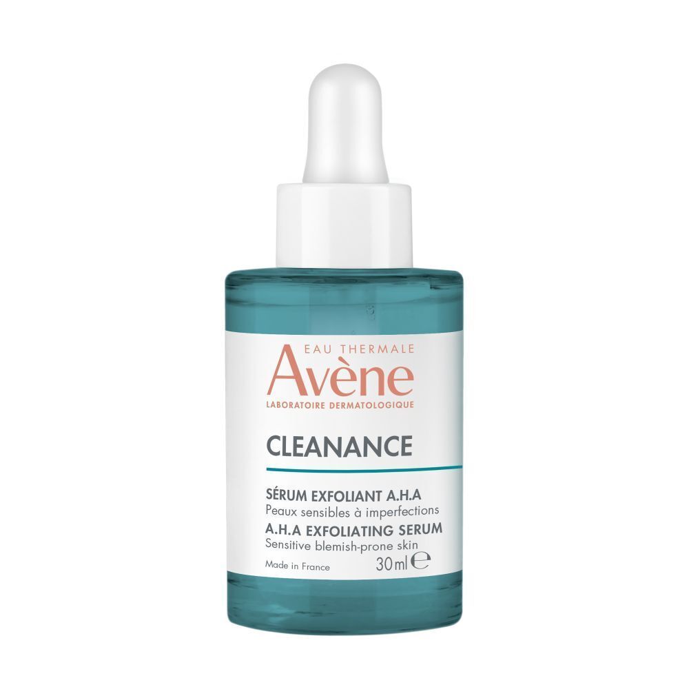 Blauwgroene fles met witte dop en pipet. Opschrift: Avène Cleanance, A.H.A Exfoliërend Serum, 30ml.