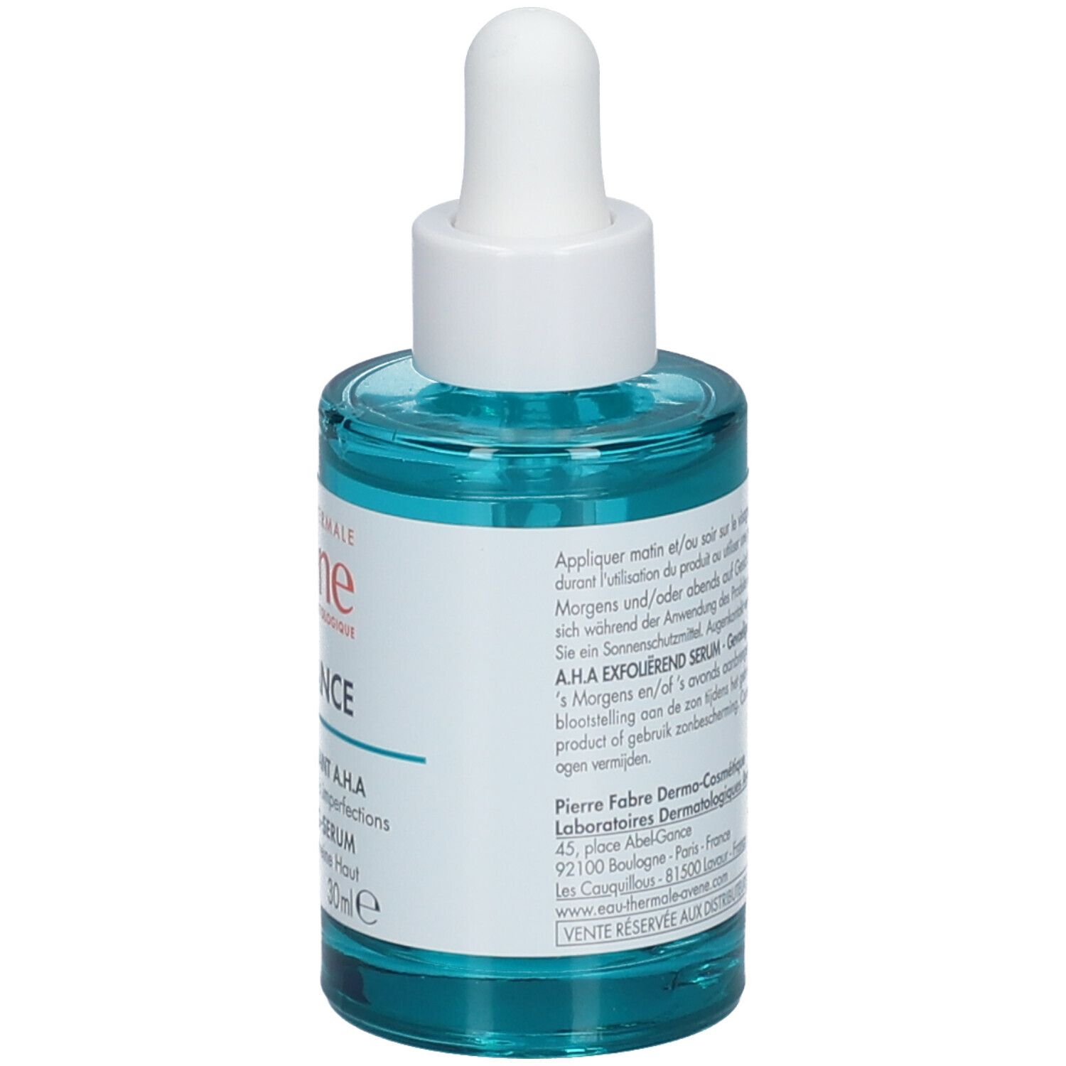 Achterkant van de blauwgroene fles met witte dop en pipet. Tekst en symbolen.