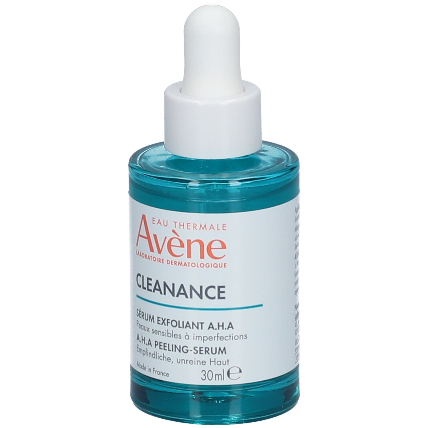 Blauwgroene fles met witte dop en pipet. Opschrift: Avène Cleanance, A.H.A Exfoliërend Serum, 30ml.