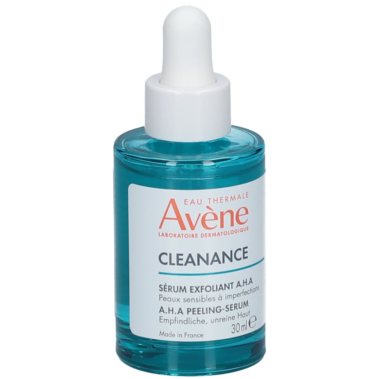 Blauwgroene fles met witte dop en pipet. Opschrift: Avène Cleanance, A.H.A Exfoliërend Serum, 30ml.