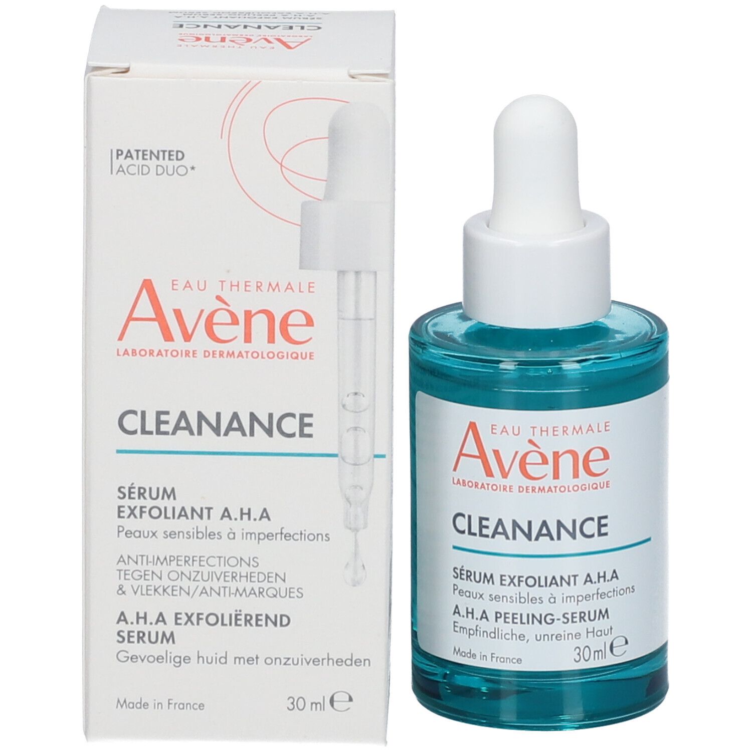 Verpakking en fles. Opschrift: Avène Cleanance, A.H.A Exfoliërend Serum, 30ml. Met pipet.