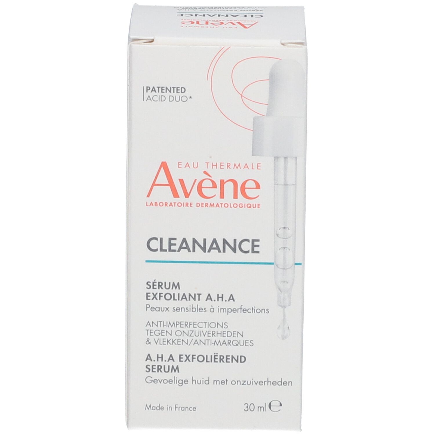 Verpakking. Opschrift: Avène Cleanance, A.H.A Exfoliërend Serum, 30ml. Met pipet.