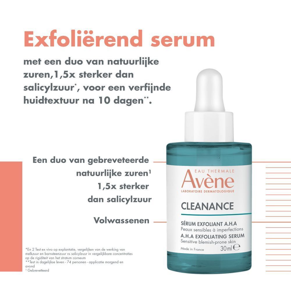 Tekst met product en fles. Opschrift: Avène Cleanance, A.H.A Exfoliërend Serum, 30ml.