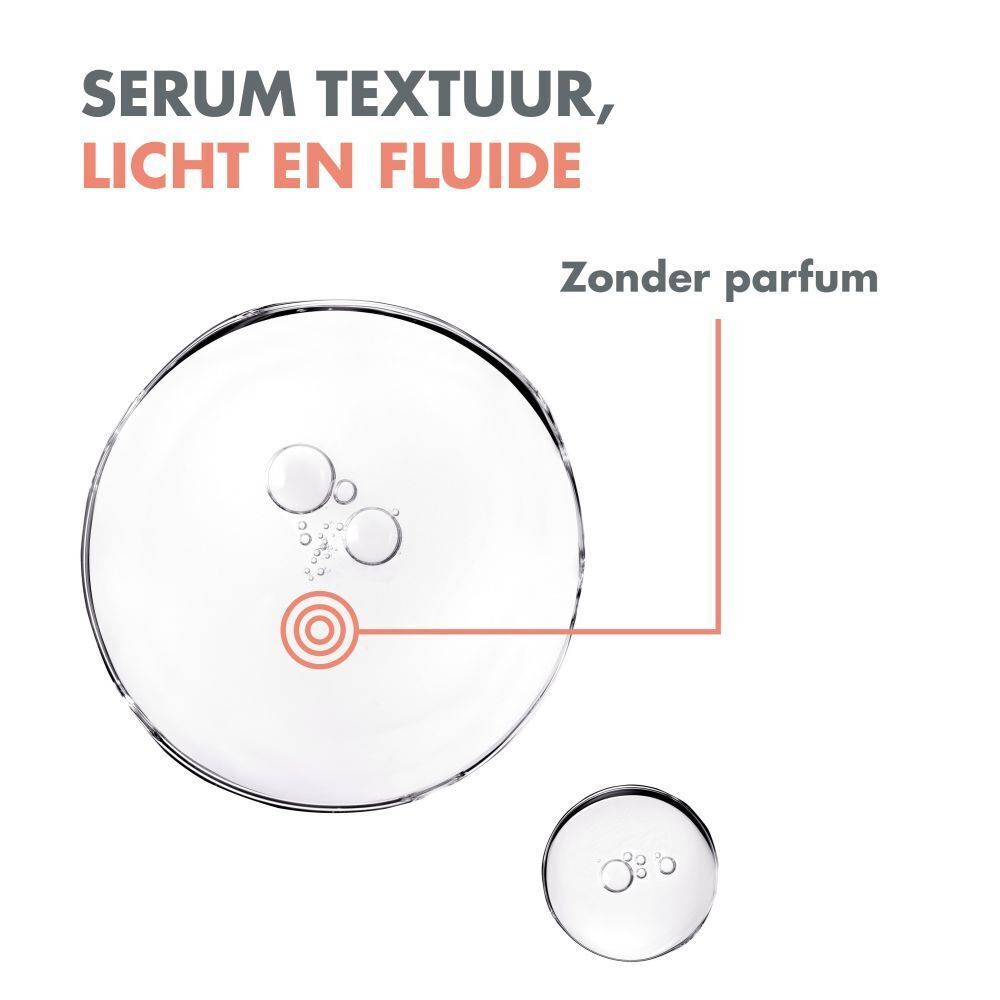 Tekst met product en fles. Opschrift: Avène Cleanance, A.H.A Exfoliërend Serum, 30ml.