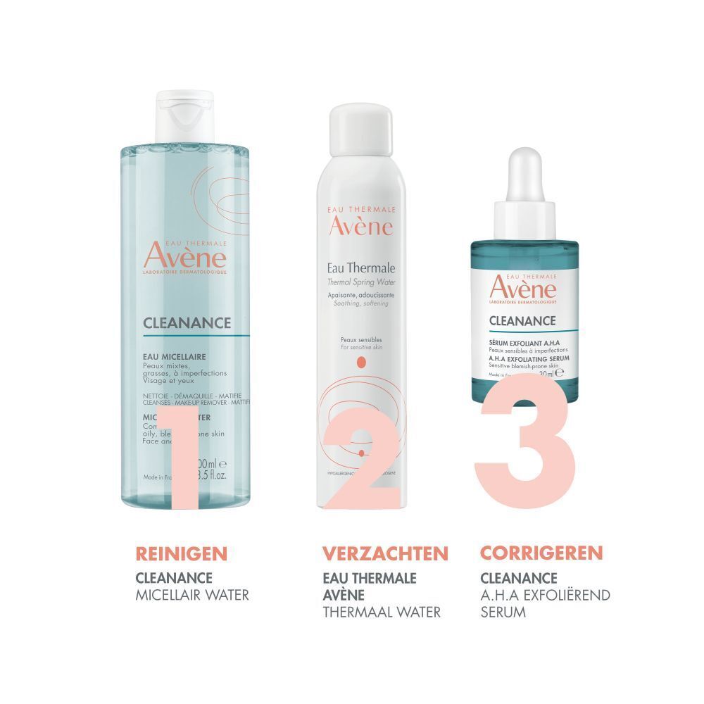 Tekst met product en fles. Opschrift: Avène Cleanance, A.H.A Exfoliërend Serum, 30ml.