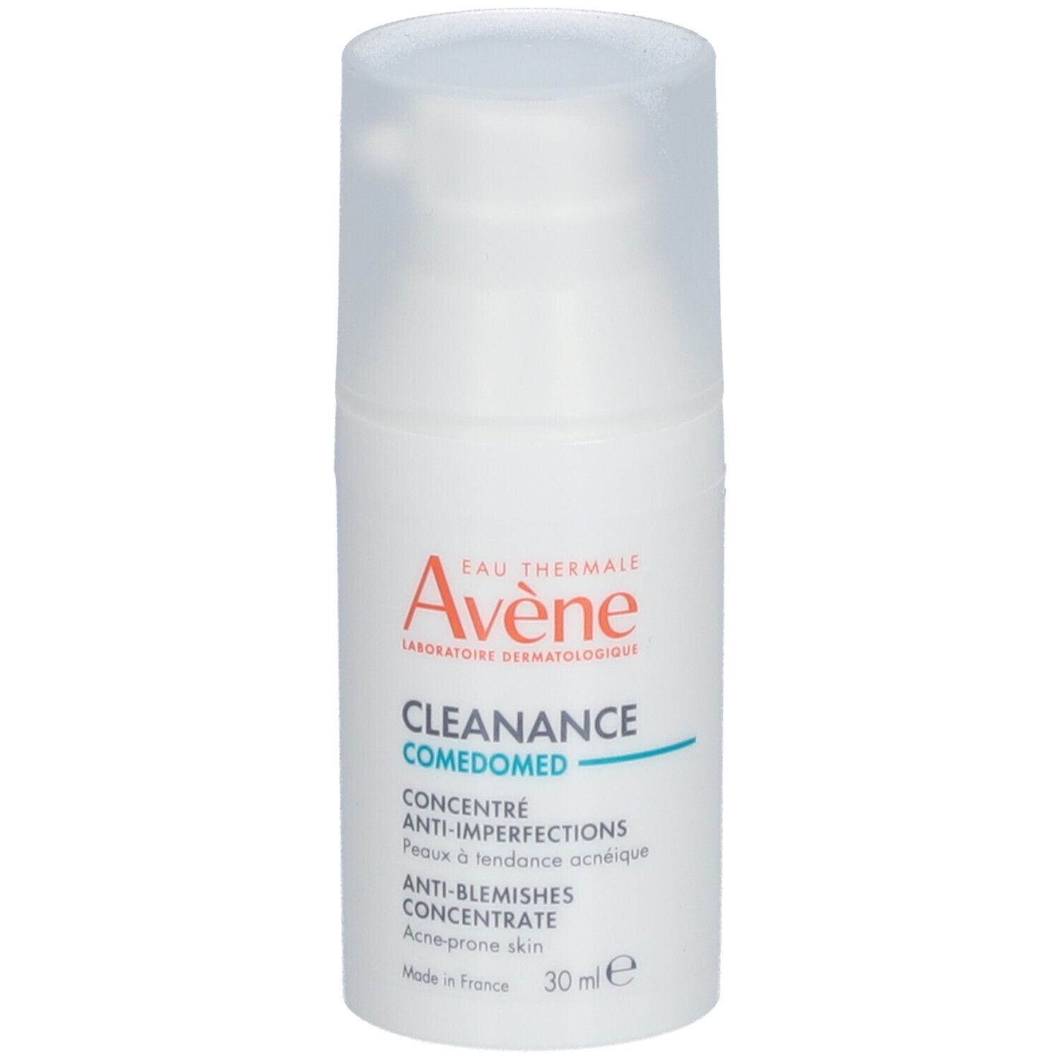 Flacon blanc avec pompe. Inscriptions: Avène, Cleanance Comedomed, Concentré anti-imperfections. 30 ml.