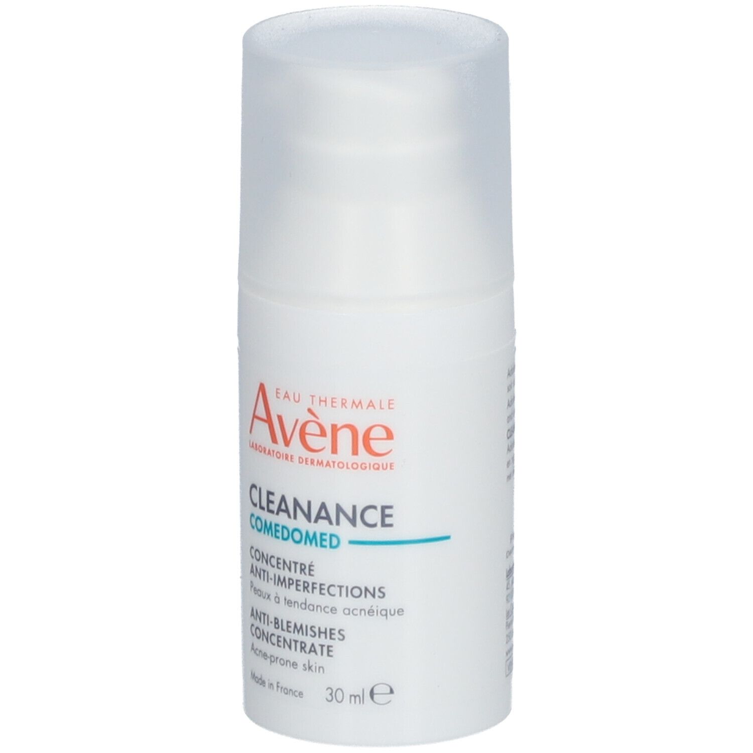 Flacon blanc avec pompe. Inscriptions: Avène, Cleanance Comedomed, Concentré anti-imperfections. 30 ml.