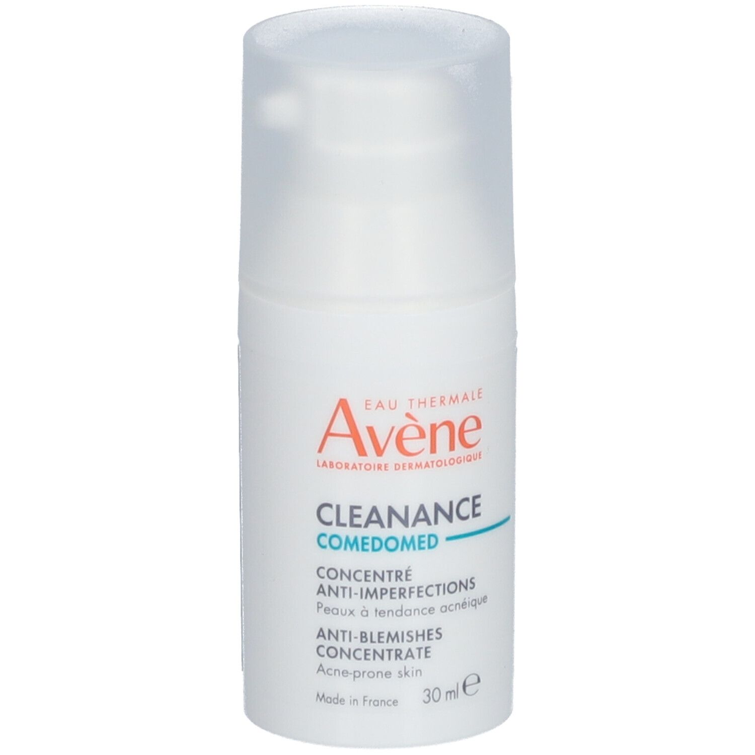 Flacon blanc avec pompe. Inscriptions: Avène, Cleanance Comedomed, Concentré anti-imperfections. 30 ml.