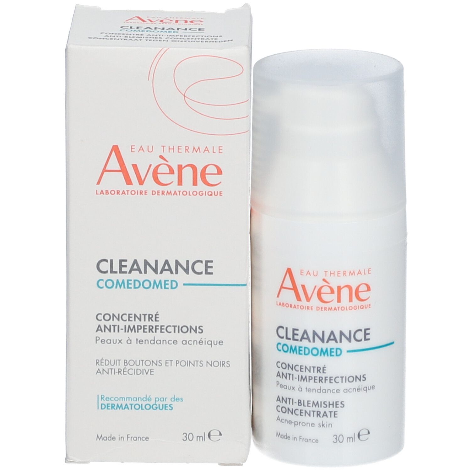 Emballage et flacon. Inscriptions: Avène, Cleanance Comedomed, Concentré anti-imperfections. 30 ml.