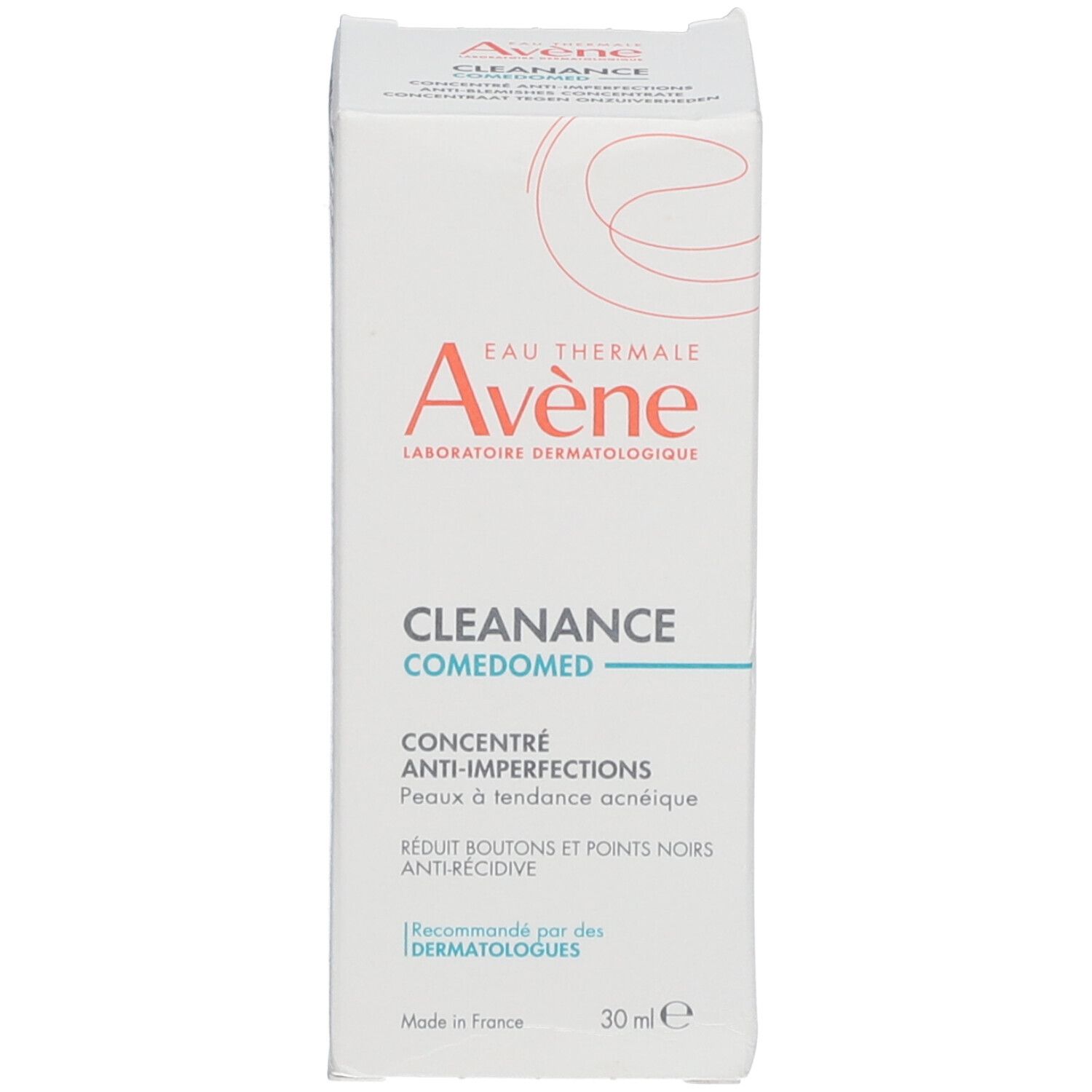 Emballage du produit. Inscriptions: Avène, Cleanance Comedomed, Concentré anti-imperfections. 30 ml.