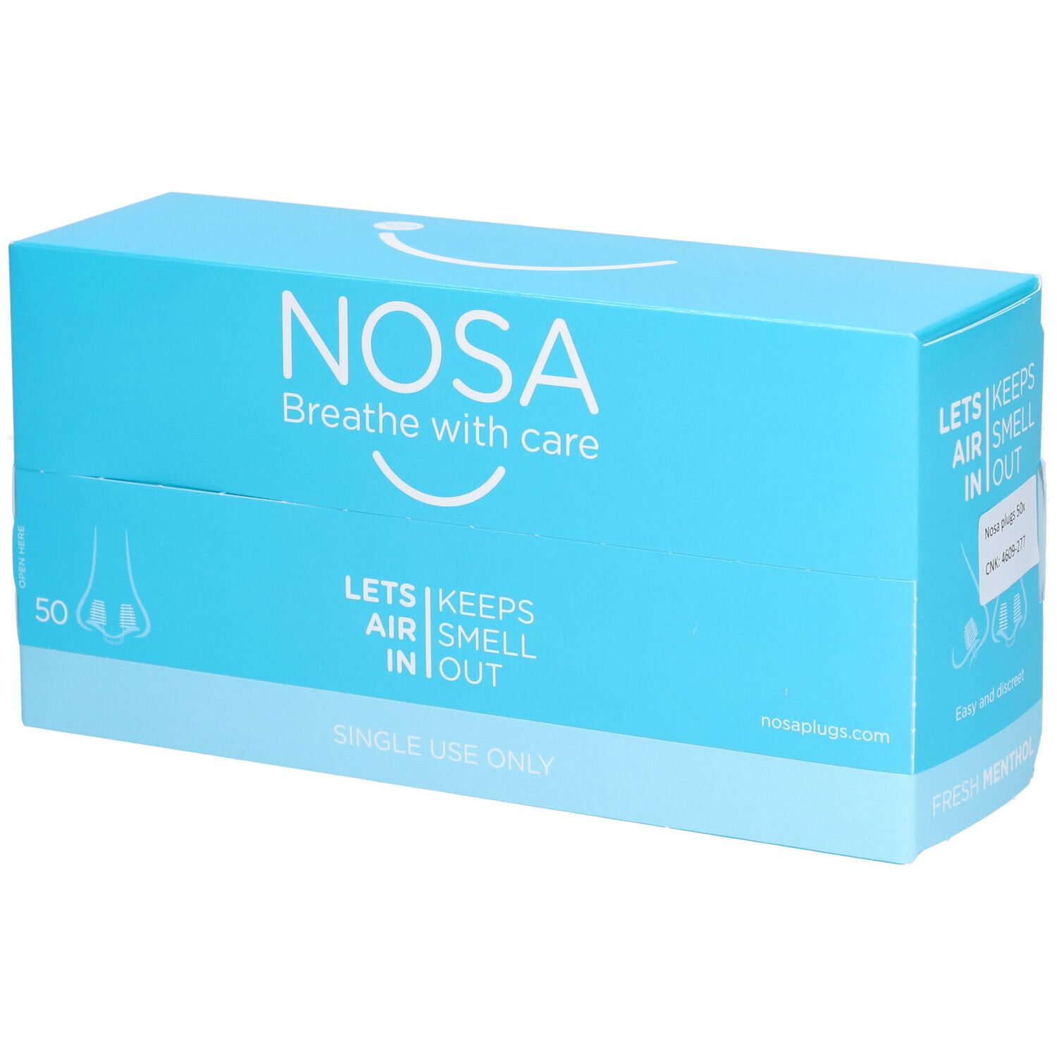 Lichtblauwe doos met "NOSA" logo. Bevat 50 neuspluggen. Tekst: "Breathe with care", "Lets air smell in out", "Single use only".