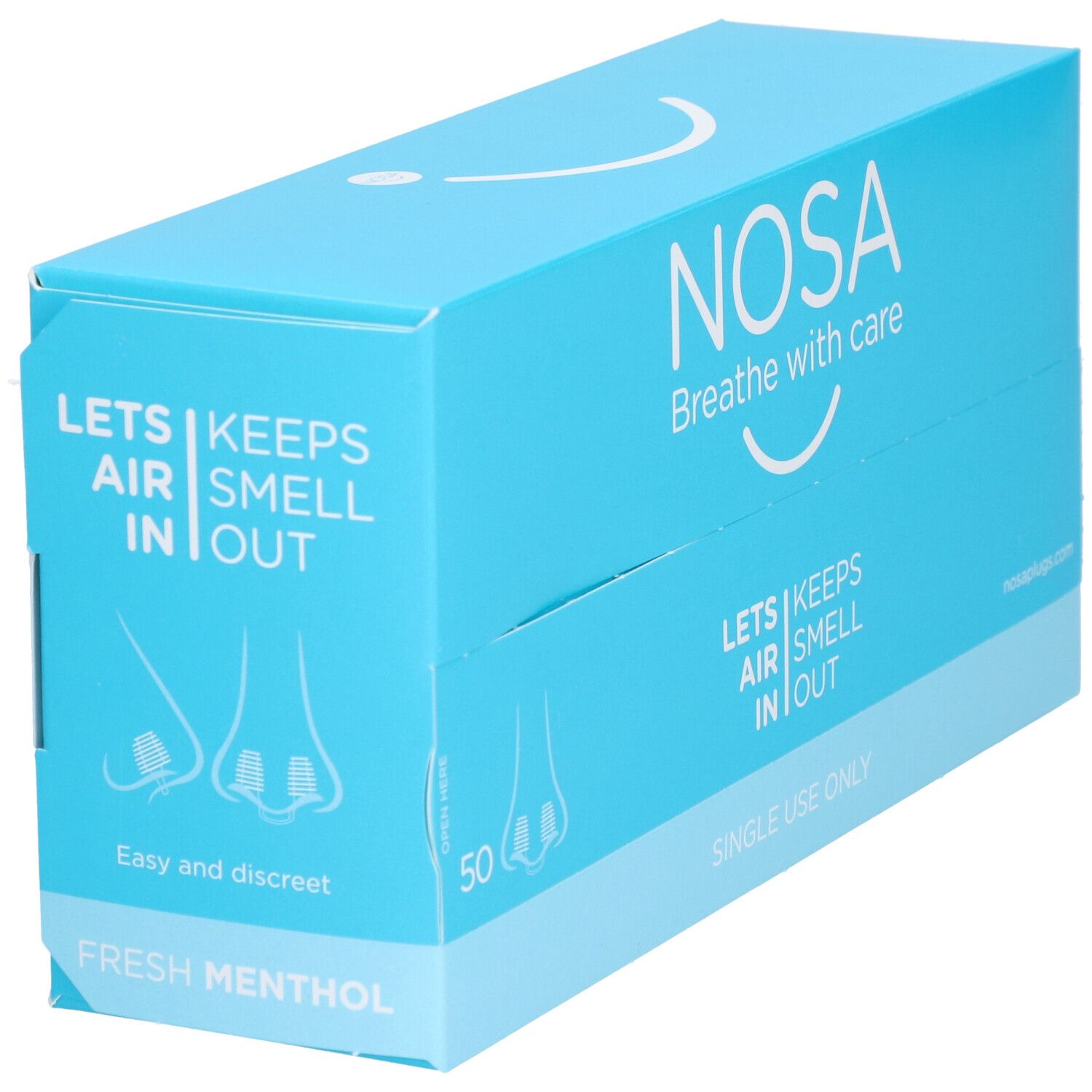Lichtblauwe doos met "NOSA" logo. Bevat 50 neuspluggen. Tekst: "Breathe with care", "Lets air smell in out", "Single use only".