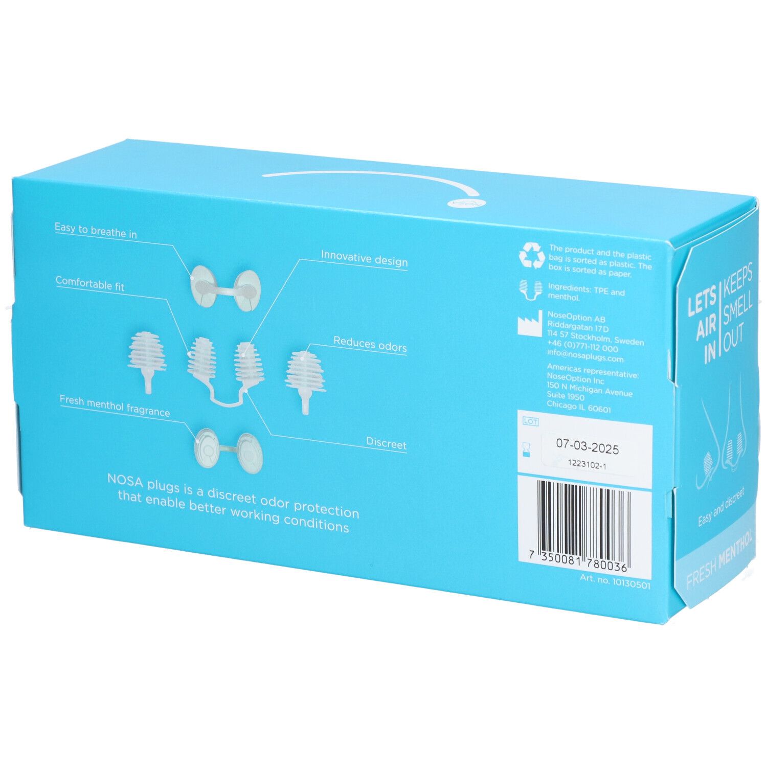 Achterkant van een lichtblauwe doos met "NOSA" logo. Toont productkenmerken en barcode. Tekst: "Lets air smell in out", "Fresh menthol fragrance".