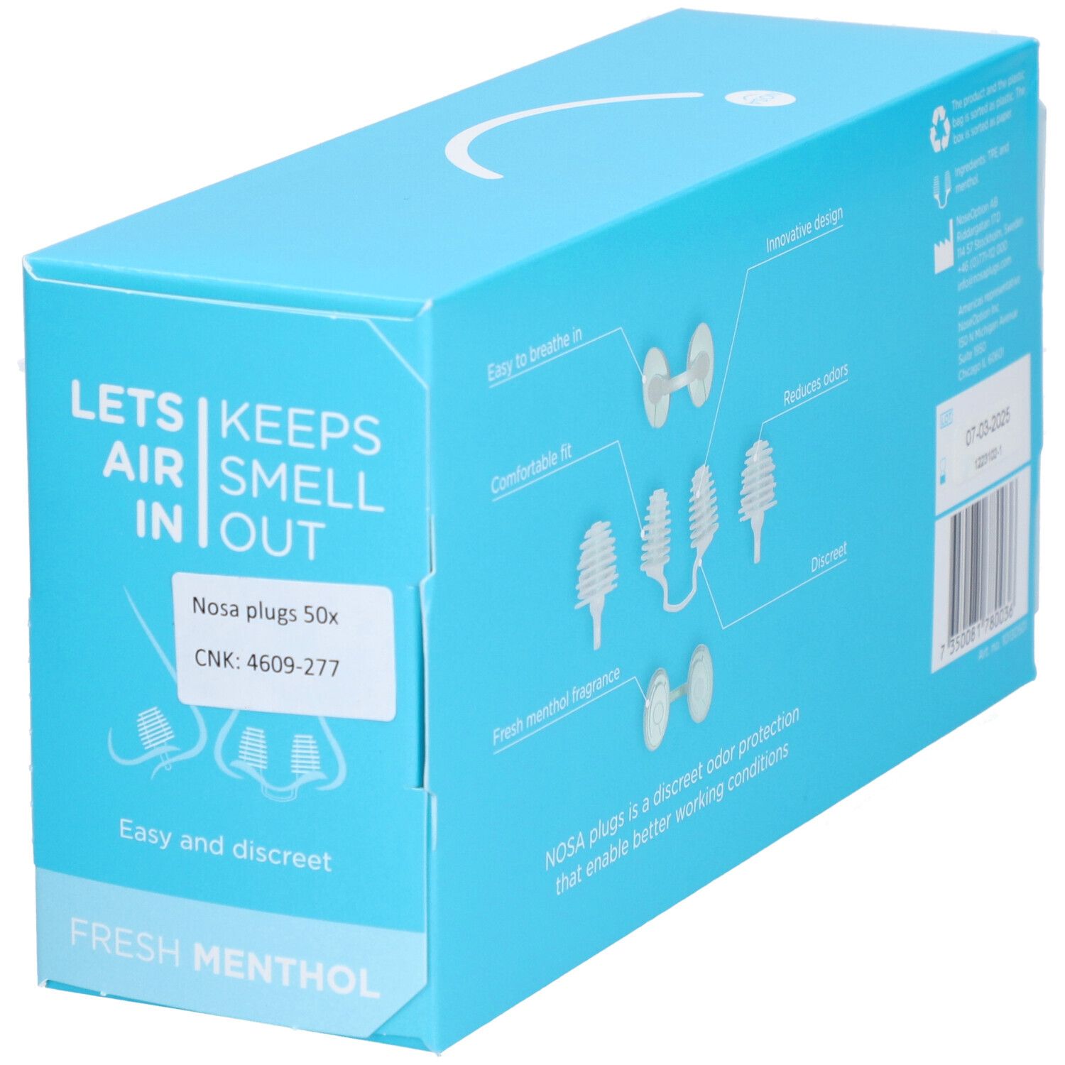 Lichtblauwe doos met "NOSA" logo. Toont productkenmerken en barcode. Tekst: "Lets air smell in out", "Fresh menthol fragrance", "Nosa plugs 50x".
