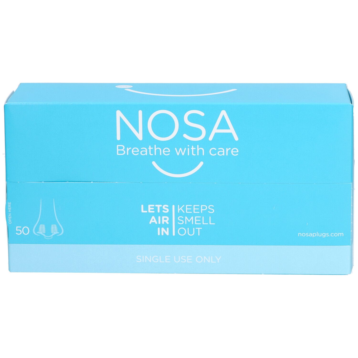 Lichtblauwe doos met "NOSA" logo. Bevat 50 neuspluggen. Tekst: "Breathe with care", "Lets air smell in out", "Single use only".