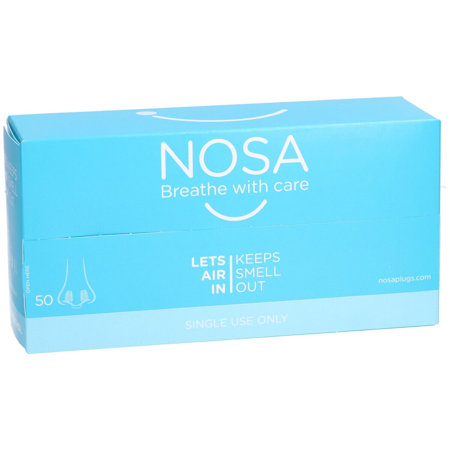 Lichtblauwe doos met "NOSA" logo. Bevat 50 neuspluggen. Tekst: "Breathe with care", "Lets air smell in out", "Single use only".