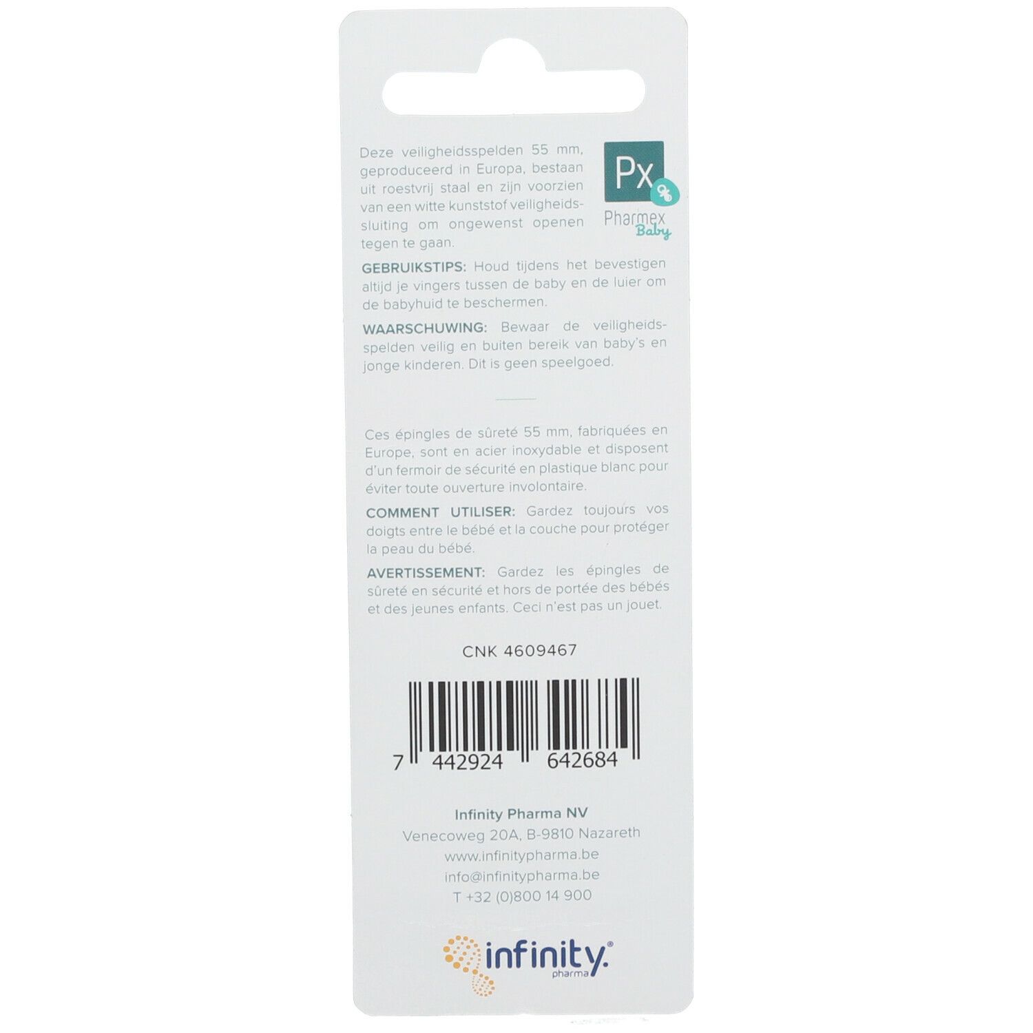 Dos de l'emballage blister avec texte et code-barres. Marque Pharmex Baby.