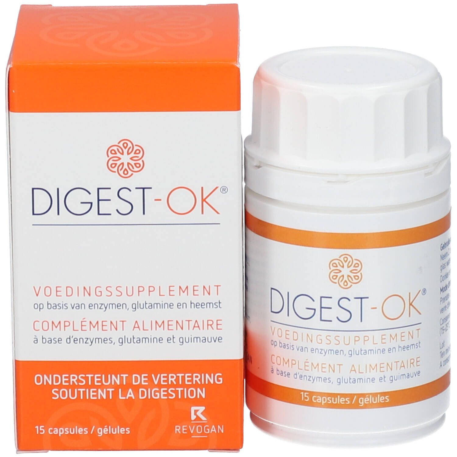Emballage DIGEST-OK® : boîte et flacon. Orange. 15 gélules. Logo Revogan.