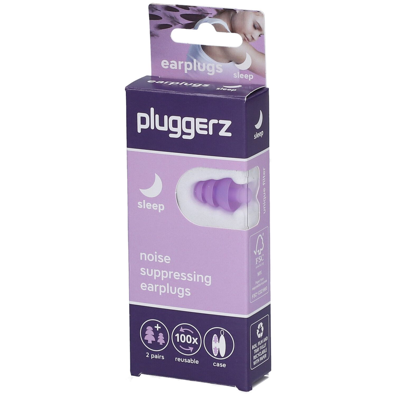 Verpakking met paarse oordopjes. Opschrift: Pluggerz, Sleep, Noise Suppressing Earplugs. 2 paar, herbruikbaar, etui.
