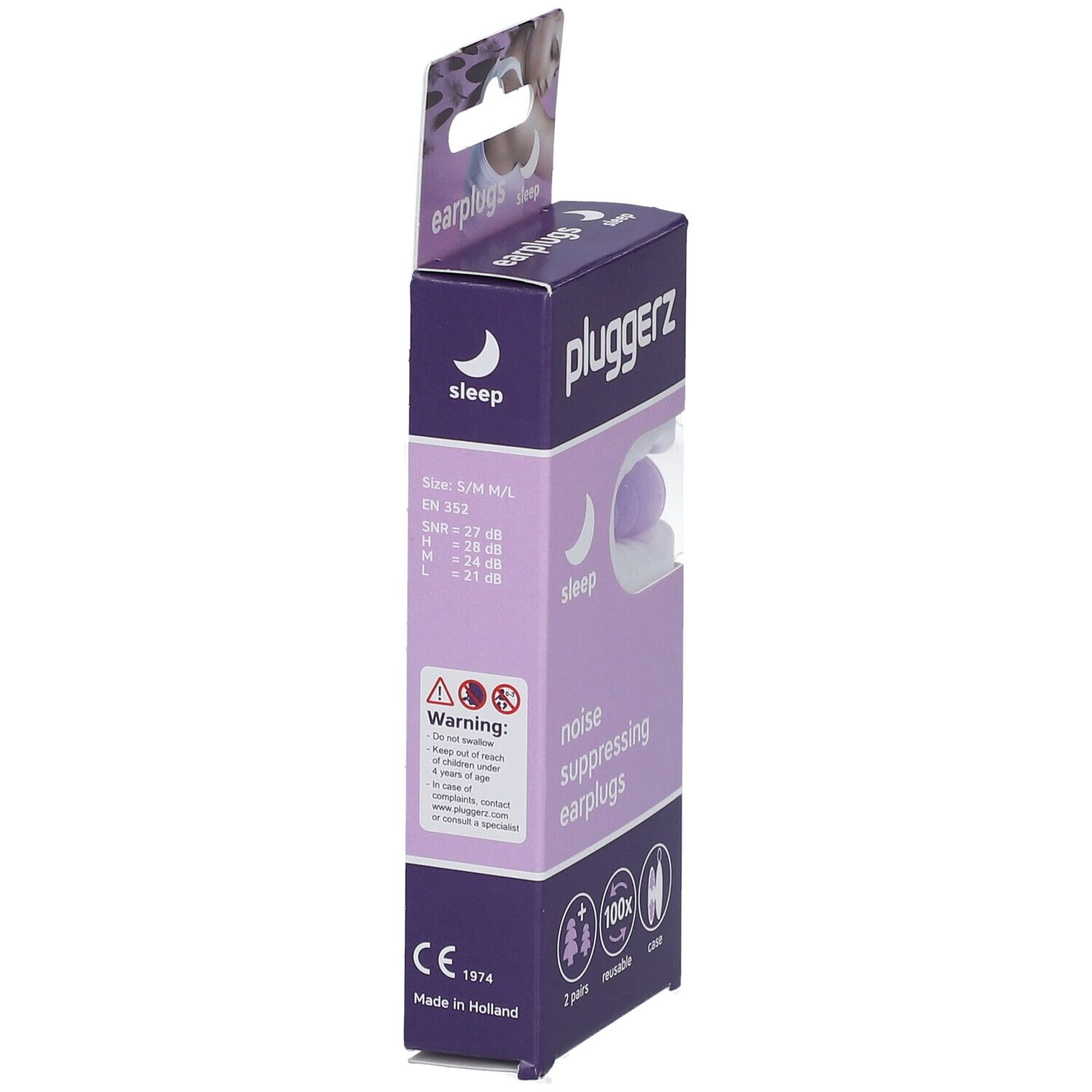 Verpakking met paarse oordopjes. Opschrift: Pluggerz, Sleep, Noise Suppressing Earplugs. Maten: S/M/L. CE-markering.