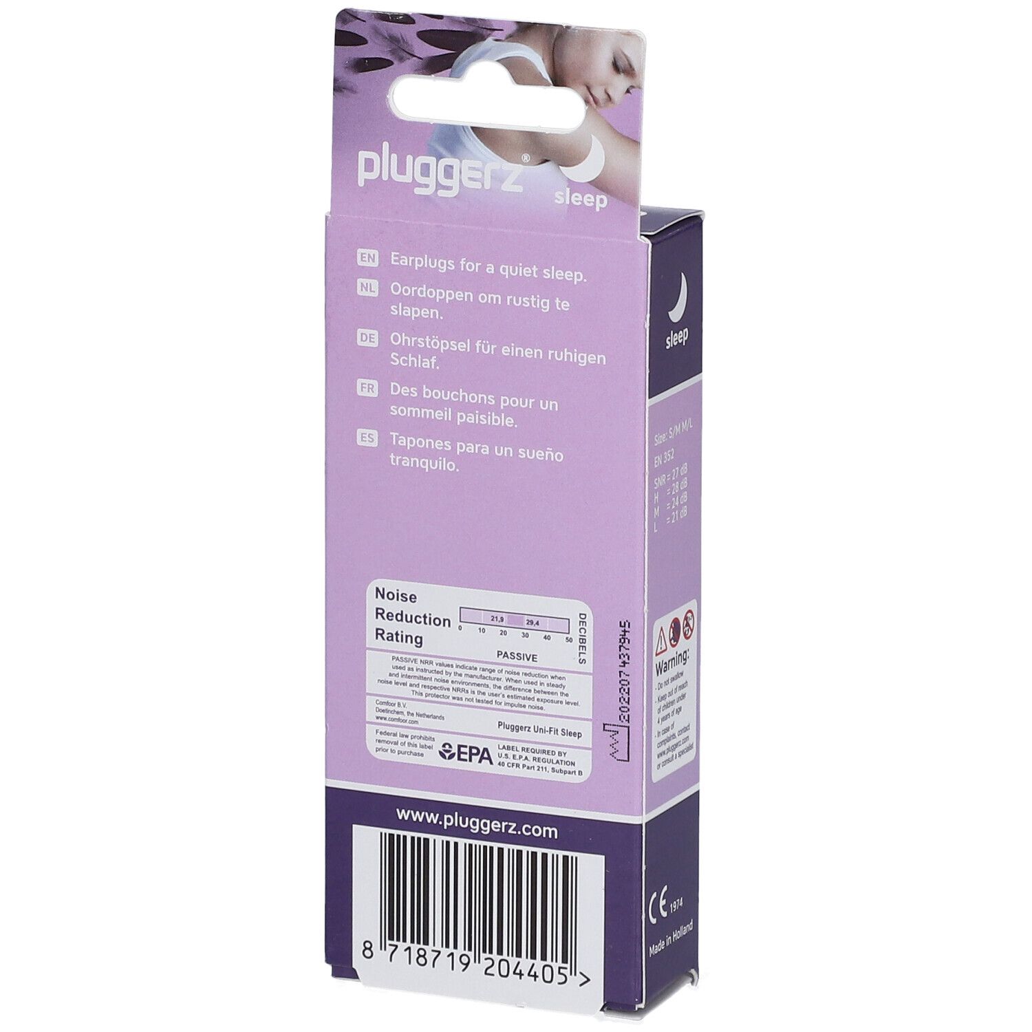 Achterkant van de verpakking met paarse oordopjes. Opschrift: Pluggerz, Sleep. Informatie over geluidsreductie. Websiteadres.