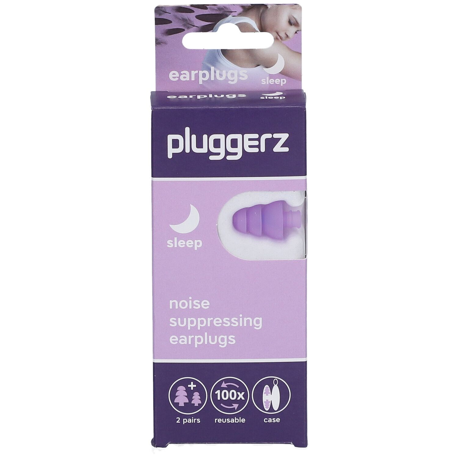 Verpakking met paarse oordopjes. Opschrift: Pluggerz, Sleep, Noise Suppressing Earplugs. 2 paar, herbruikbaar, etui.