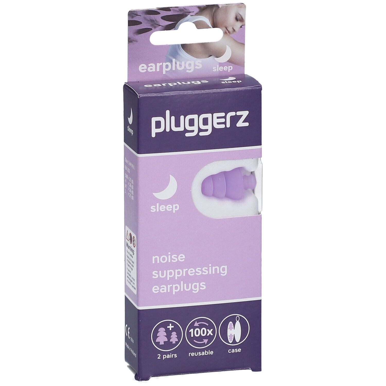 Verpakking met paarse oordopjes. Opschrift: Pluggerz, Sleep, Noise Suppressing Earplugs. 2 paar, herbruikbaar, etui.