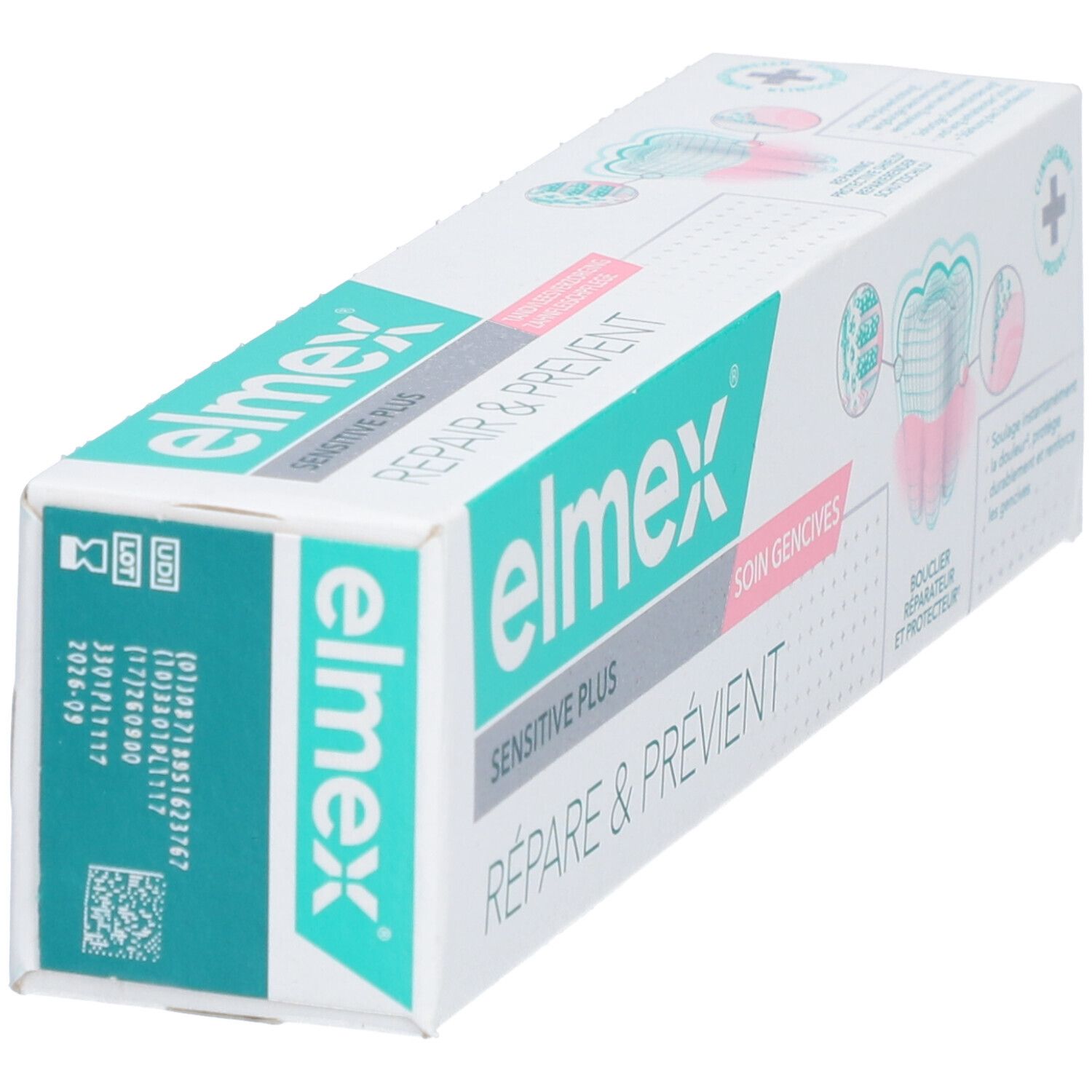 Elmex Sensitive Plus Zahnpasta-Packung. Weiß-türkis Design. Text: Réparer & Prévenir, Sensitive Plus.