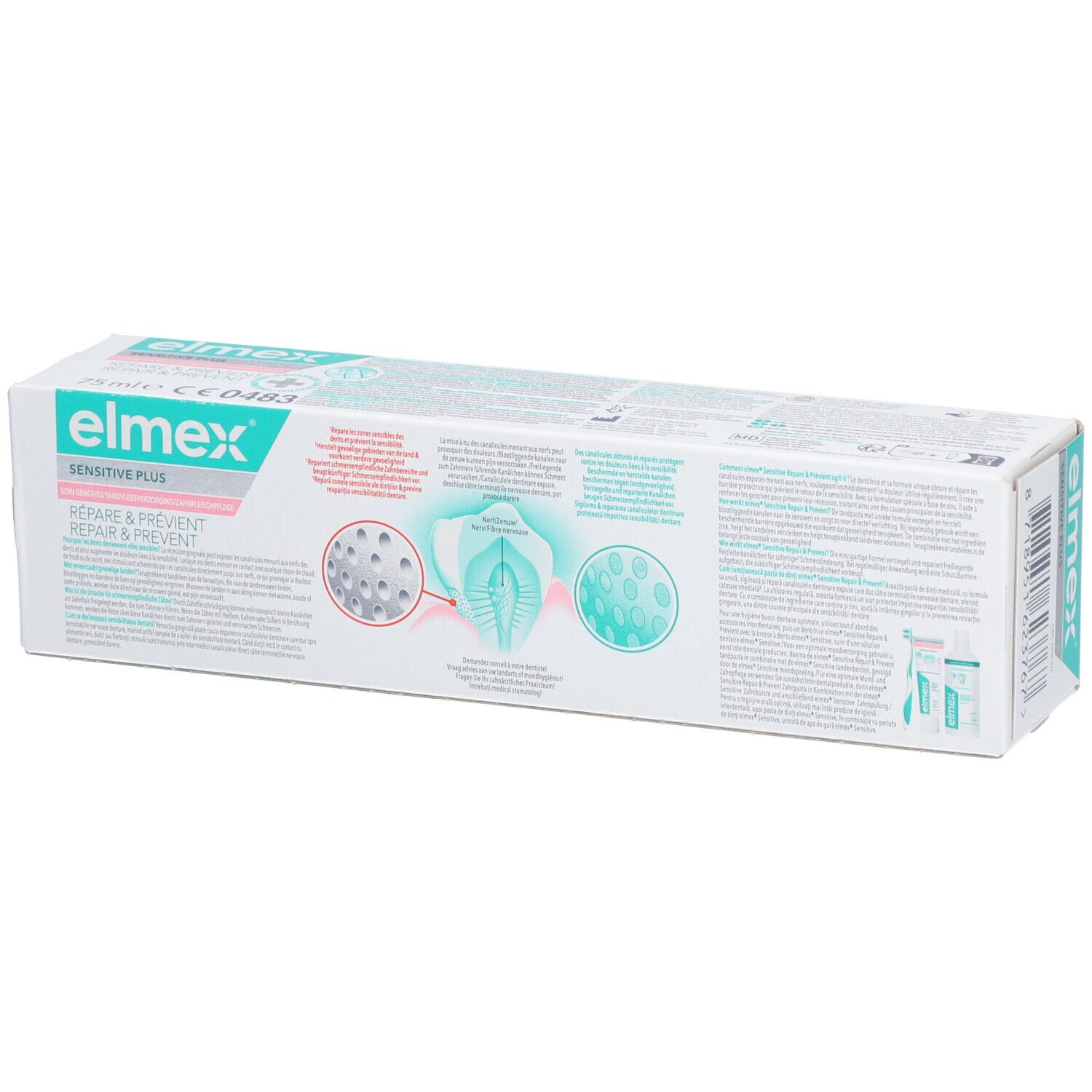 Rückseite der Elmex Sensitive Plus Zahnpasta-Packung. Text und Illustrationen zu den Inhaltsstoffen und Wirkungen.