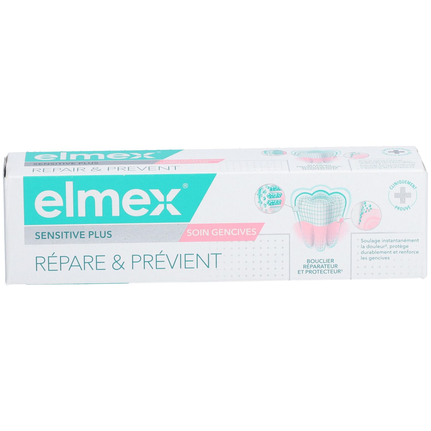 Elmex Sensitive Plus Zahnpasta-Packung. Weiß-türkis Design. Text: Réparer & Prévenir, Sensitive Plus.