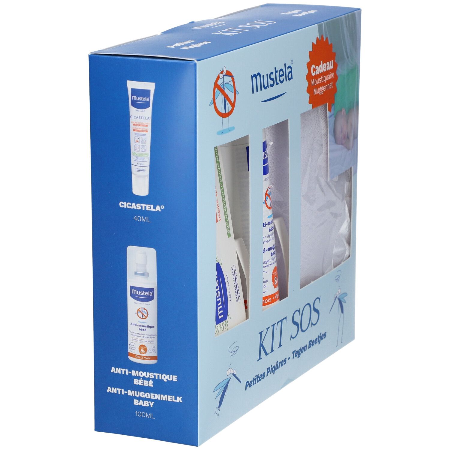 Kit SOS Mustela. Contient crème, spray et moustiquaire. Emballage avec fenêtres. Texte: Kit SOS Petites Piqûres - Tegen Beetjes.