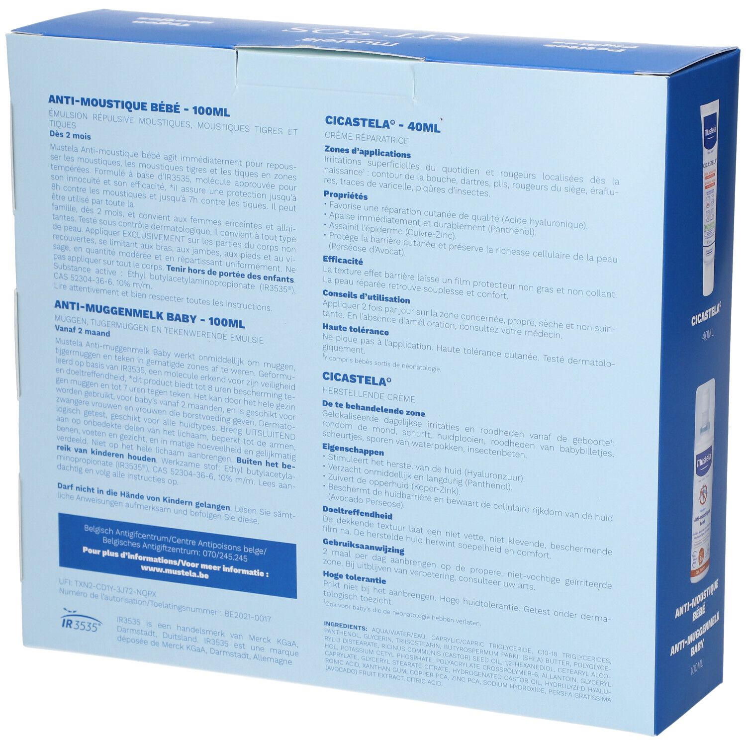 Dos du coffret Mustela Kit SOS. Texte en allemand, français et néerlandais. Contient des informations sur les produits.