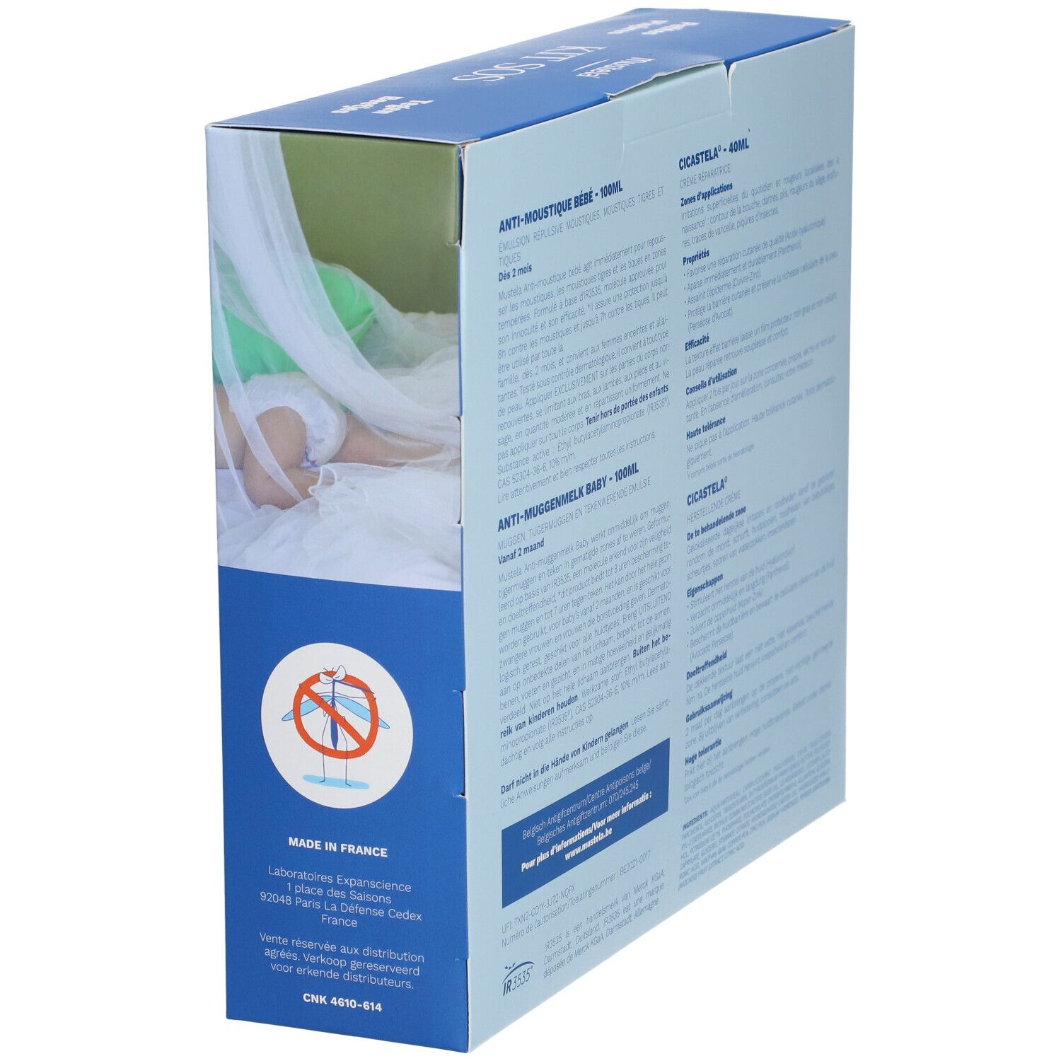 Emballage Mustela Kit SOS. Vue latérale avec texte et illustration de bébé. Fabriqué en France. Texte: Anti-moustique bébé.