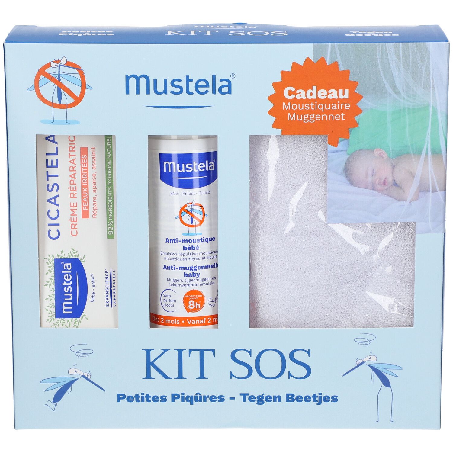 Kit SOS Mustela. Contient crème, spray et moustiquaire. Emballage avec illustration de bébé. Texte: Kit SOS Petites Piqûres - Tegen Beetjes.