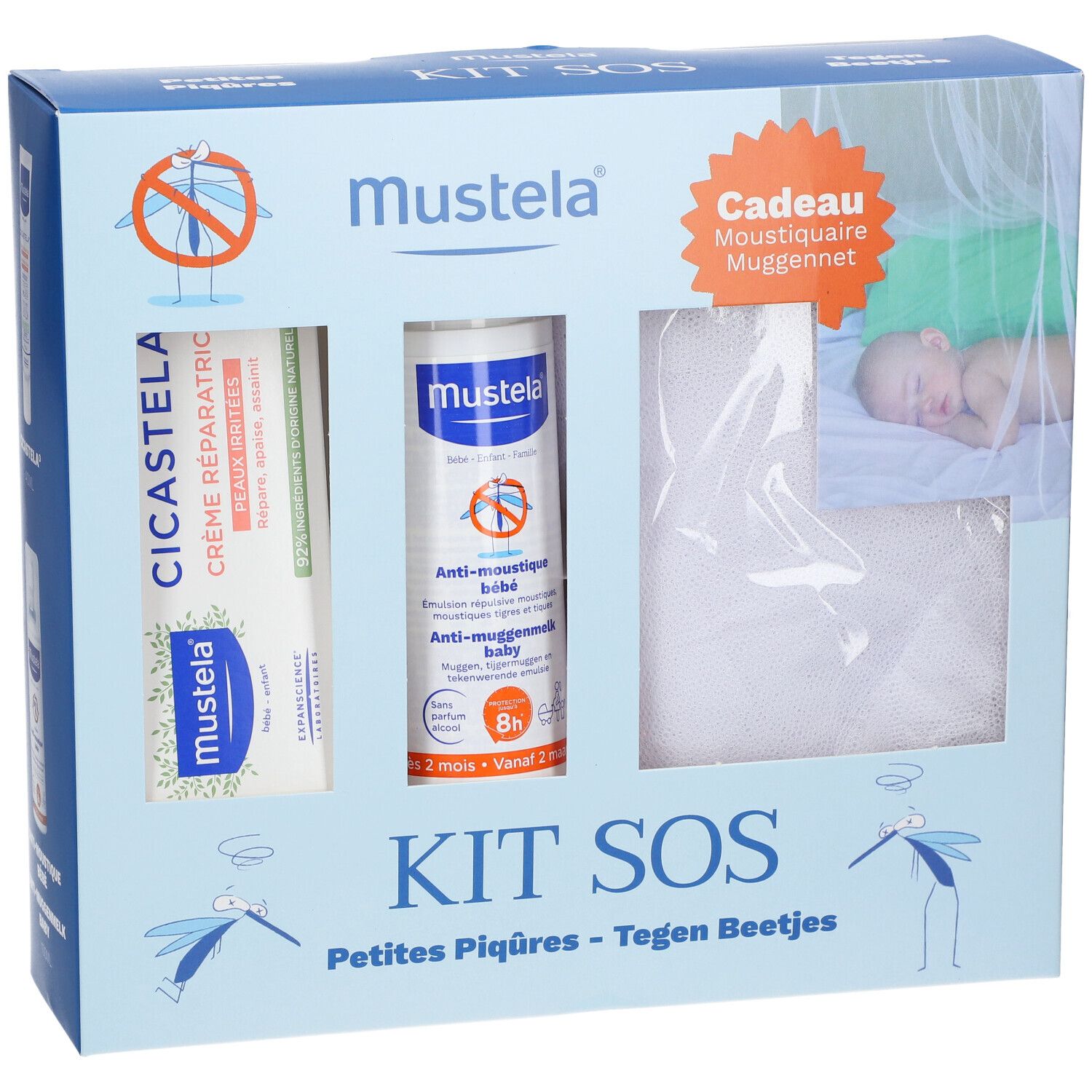 Kit SOS Mustela. Contient crème, spray et moustiquaire. Emballage avec illustration de bébé. Texte: Kit SOS Petites Piqûres - Tegen Beetjes.