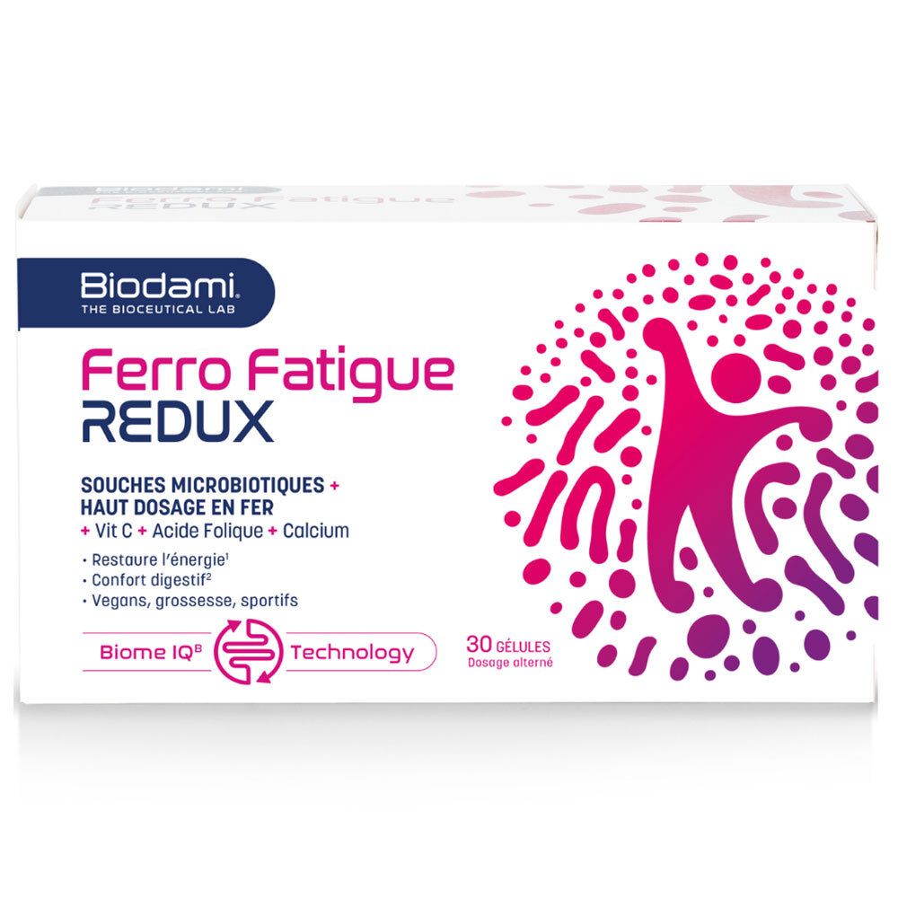 Produit Ferro Fatigue Redux. Ingrédients : microbiotiques + fer haute dose + Vit C + acide folique + calcium. 30 gélules.