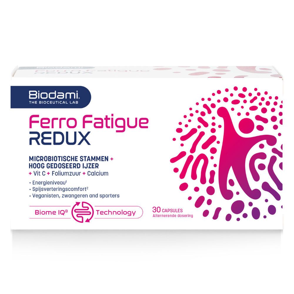 Product Ferro Fatigue Redux. Bevat: microbiotische stammen, hoge dosis ijzer, Vit C, foliumzuur, calcium. 30 capsules.