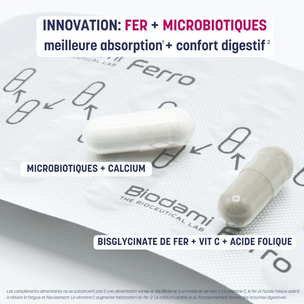 Deux gélules, produit Ferro Fatigue Redux. Texte : microbiotiques + calcium, bisglycinate de fer + Vit C + acide folique.