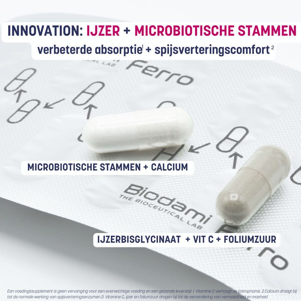Twee capsules, product Ferro Fatigue Redux. Tekst: microbiotische stammen + calcium, ijzerbisglycinaat + Vit C + foliumzuur.