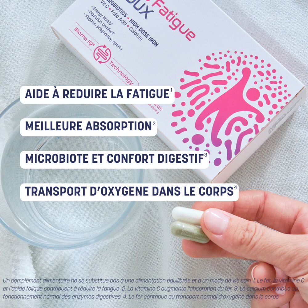 Main avec gélules, produit Ferro Fatigue Redux. Texte : réduit la fatigue, meilleure absorption, confort digestif.