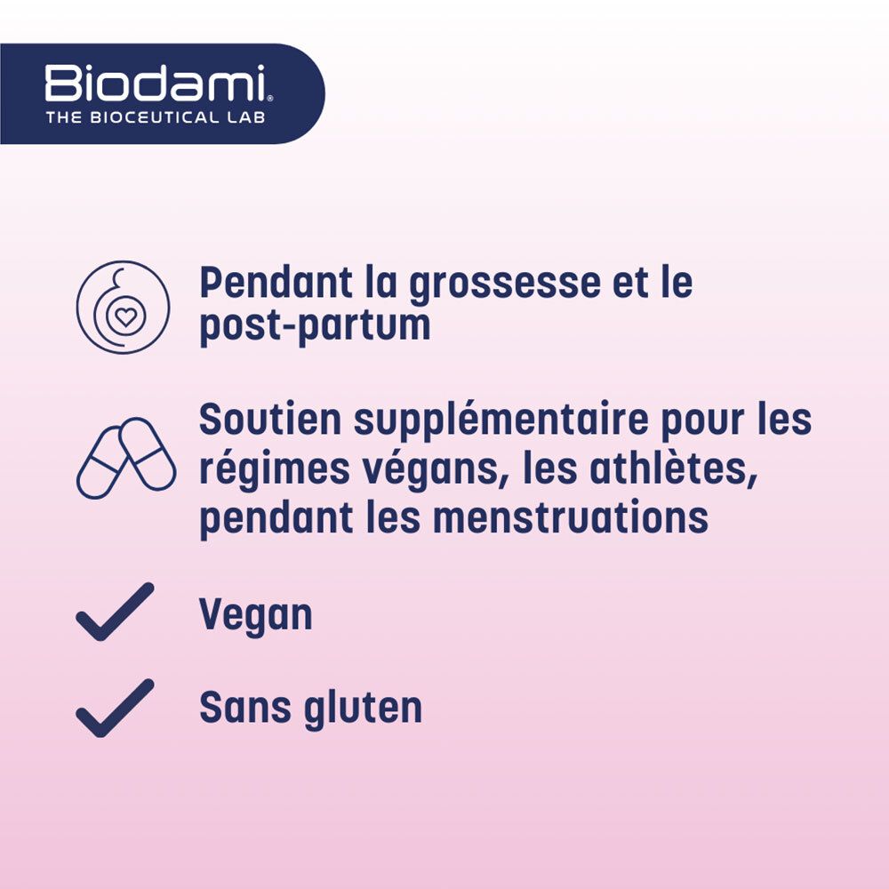 Produit Ferro Fatigue Redux. Texte : pendant la grossesse et après l'accouchement. Végétalien, sans gluten.