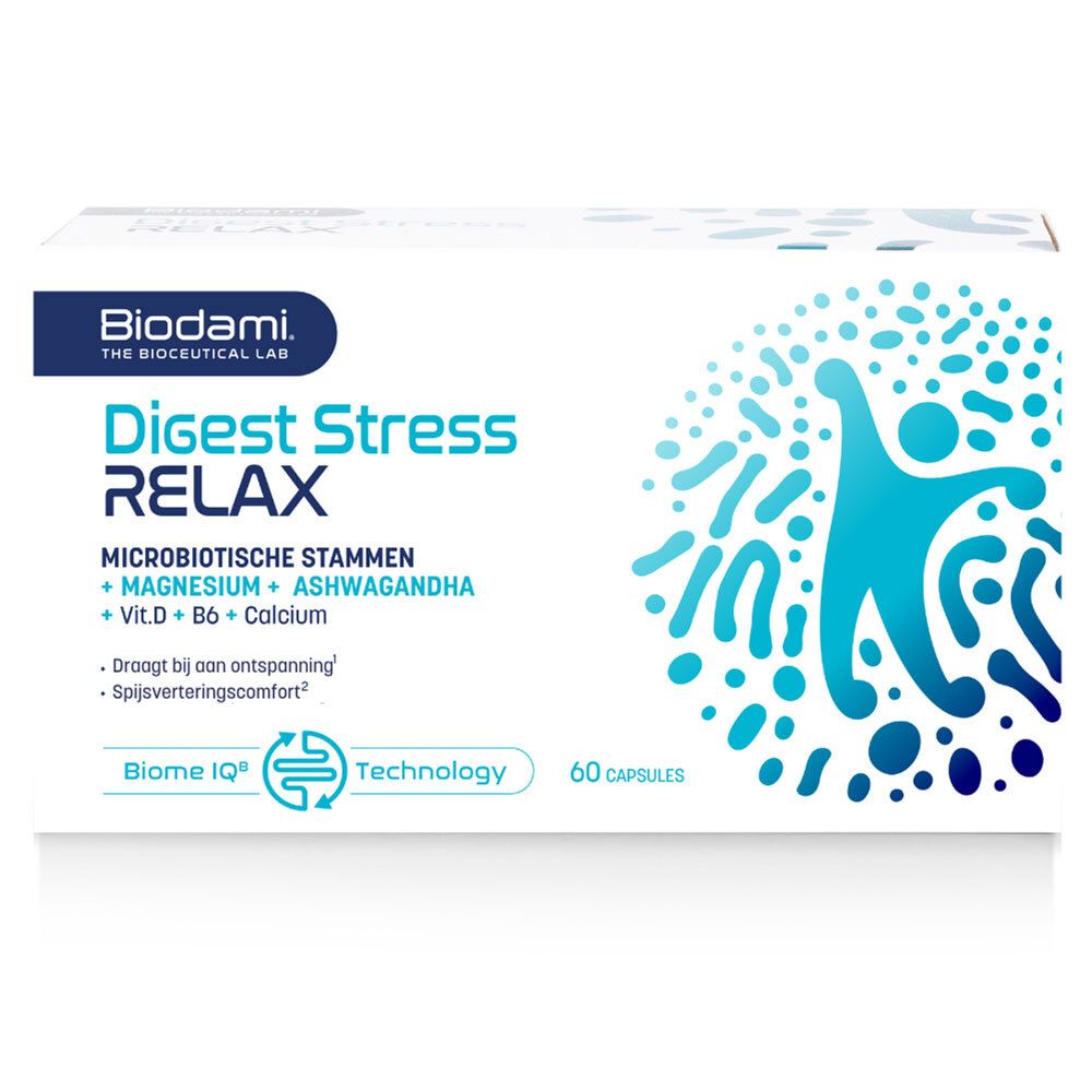 Witte doos met productopdruk. Blauwe afbeelding, naam en ingrediënten. 60 capsules.