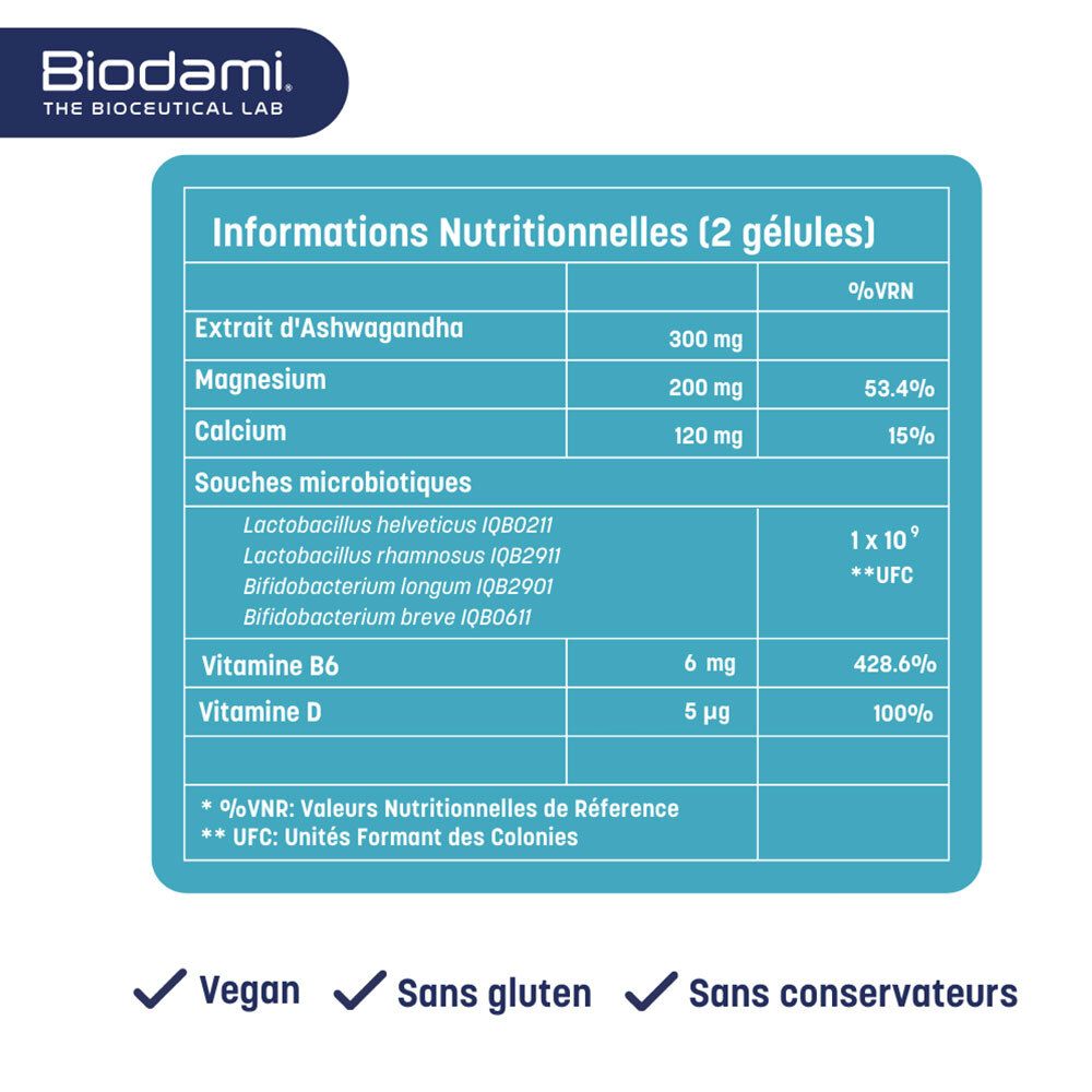 Boîte blanche avec impression du produit. Graphique bleu, nom et ingrédients. 60 gélules.
