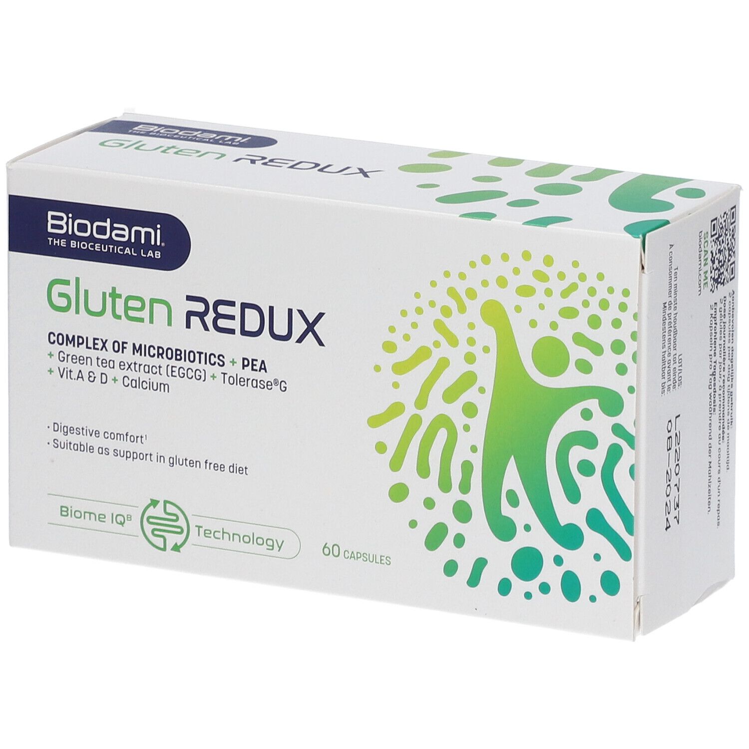 Weiße Schachtel mit "Biodami Gluten Redux". Enthält 60 Kapseln. Aufschrift: "Complex of Microbics + PEA".