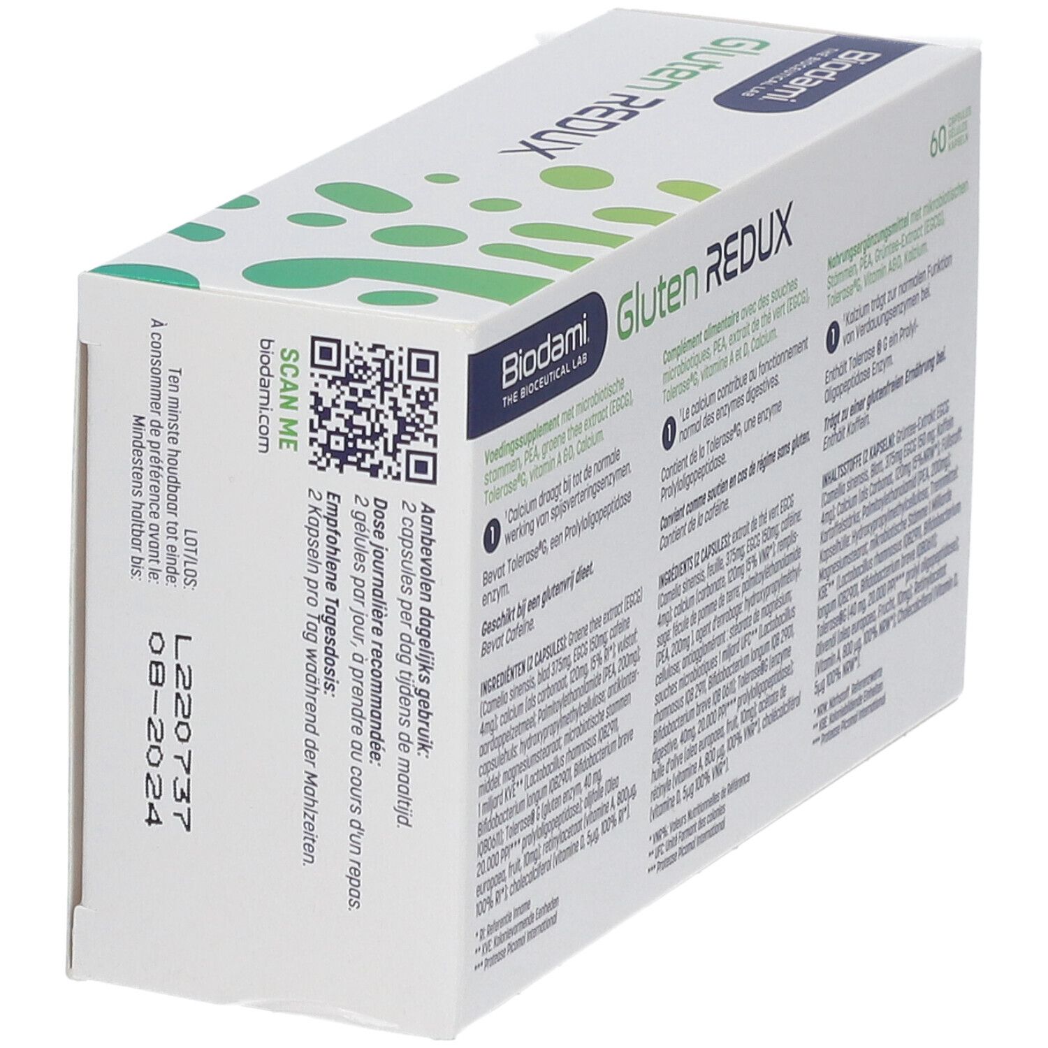 Seite der weißen Schachtel "Biodami Gluten Redux". QR-Code und Text. Enthält 60 Kapseln.